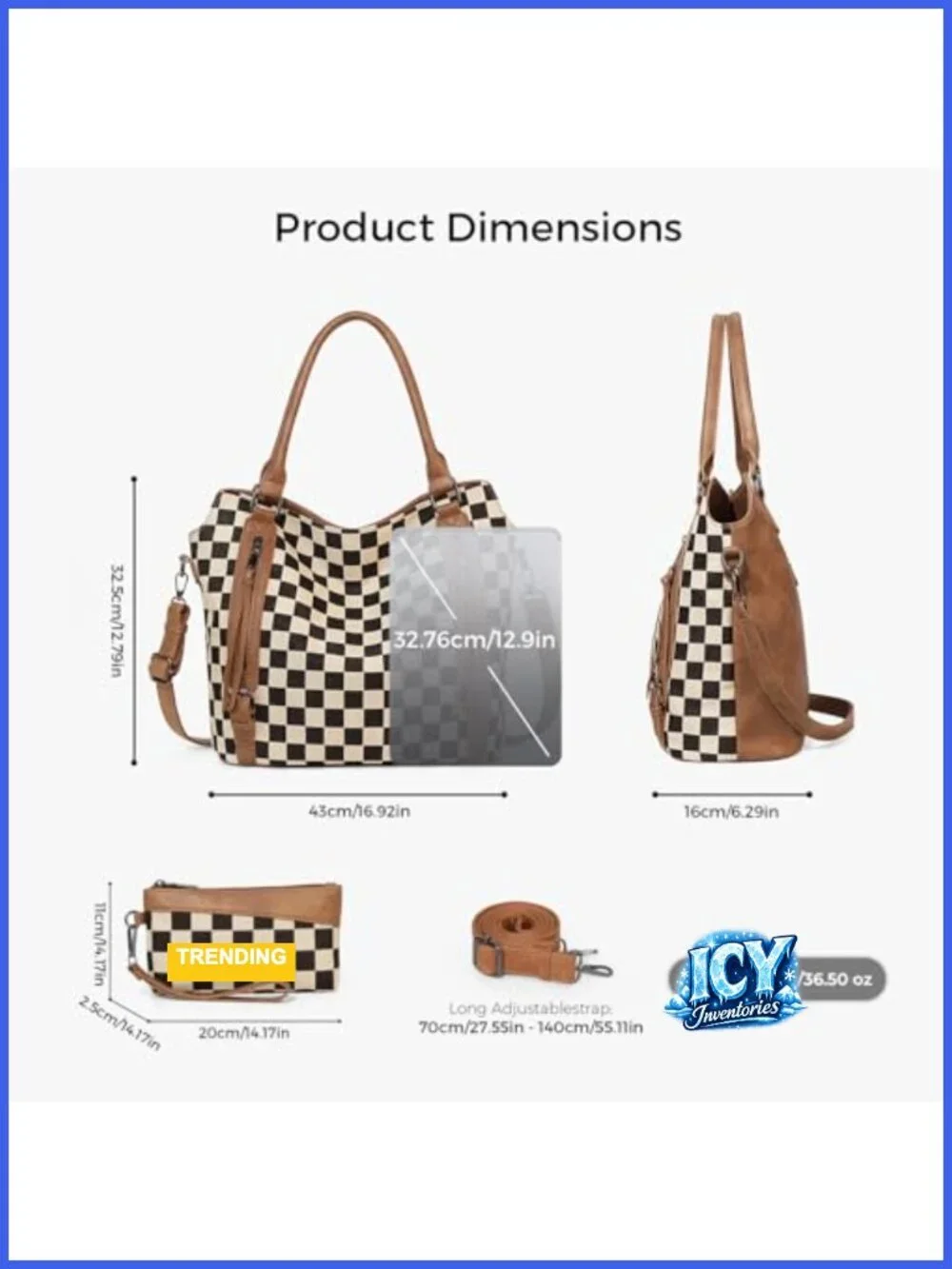 Large Checkered Hobo Tote Bag for Women Faux Leather Canvas Shoulder Purse